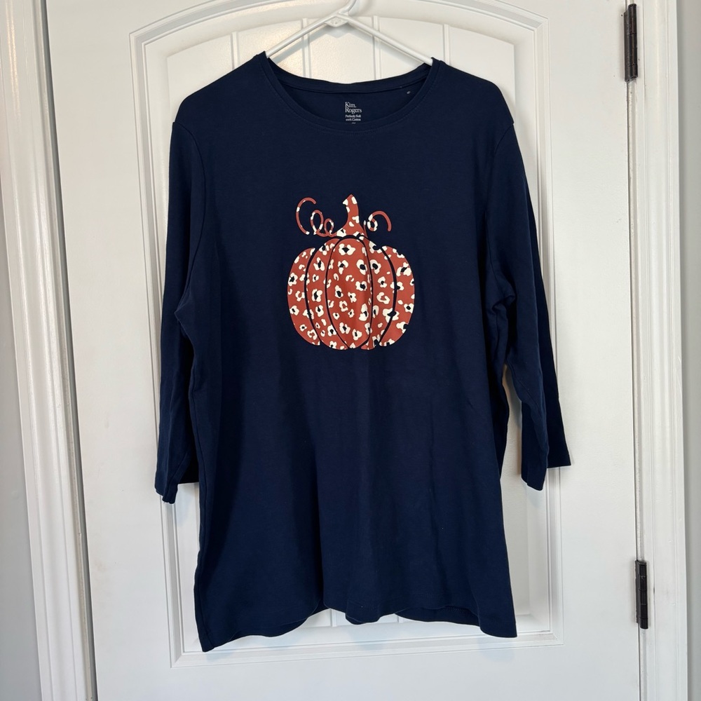 Kim Rogers Navy Blue 3/4 Sleeve top with Animal Print Pumpkin Size 2X